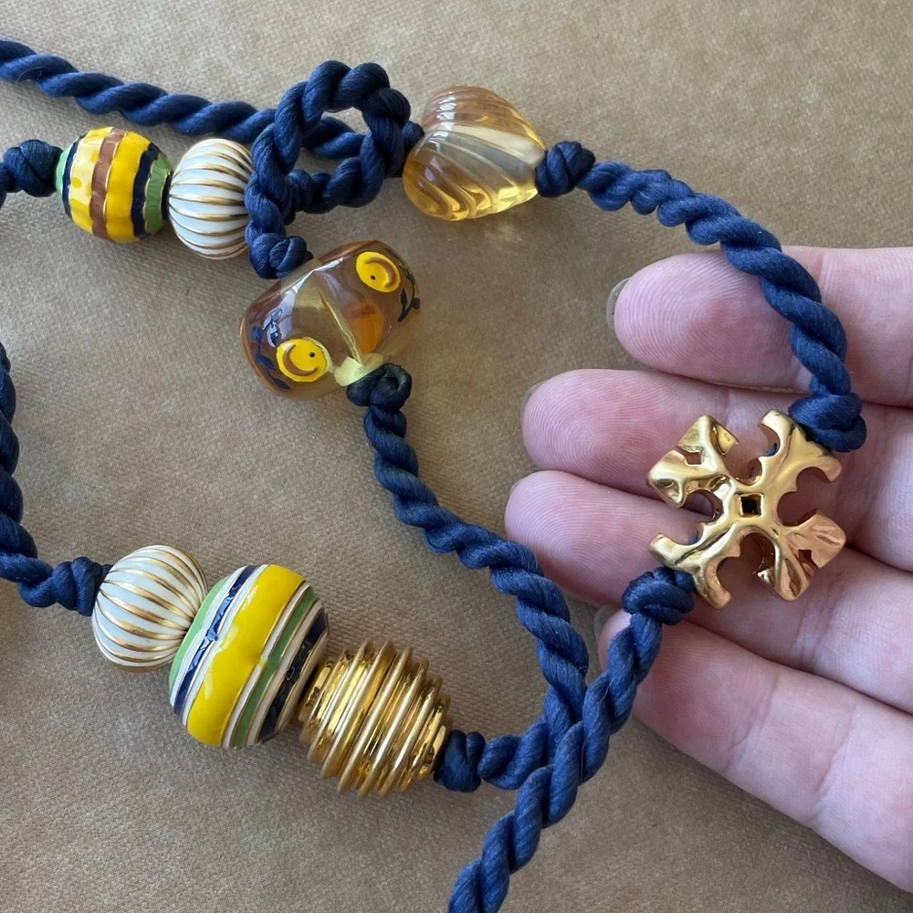 Tory Burch Long Beaded Necklace Silk Cord Gold Beads Statement Layering Necklace